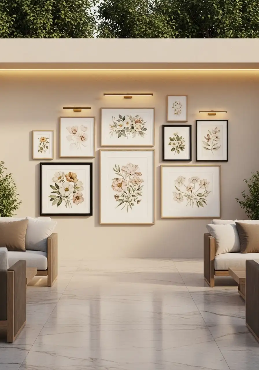 Elegant outdoor gallery wall featuring a collection of botanical floral art prints in various frame sizes, illuminated by sleek modern picture lights on a neutral patio wall.

