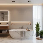Modern bathroom decor trends featuring a luxury white marble freestanding tub, a floating wood vanity with an LED backlit mirror, and integrated recessed wall shelving. The neutral spa-inspired space includes floor-to-ceiling sheer curtains, marble flooring, and lush indoor plants