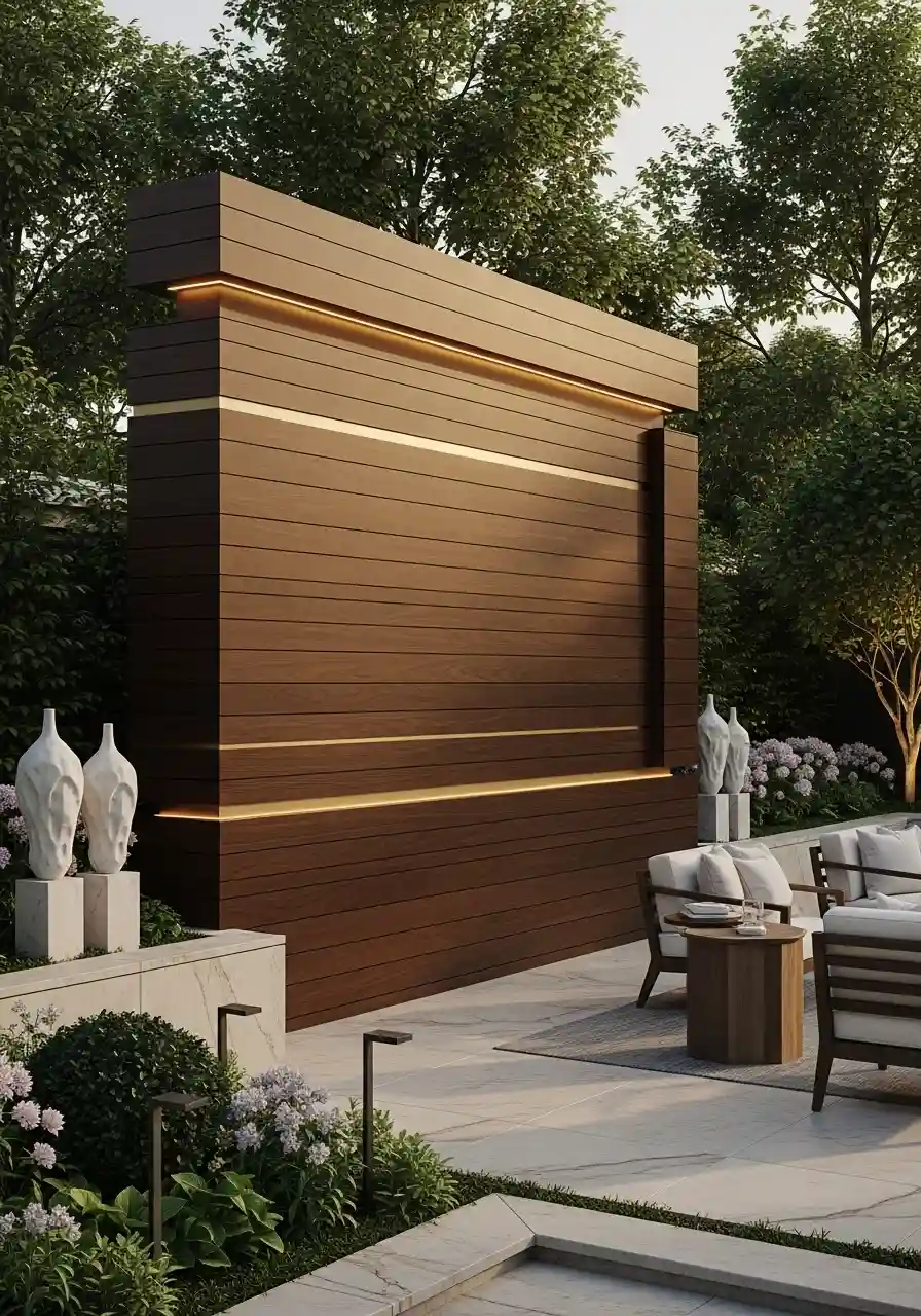 Large horizontal dark wood slat feature wall in a luxury backyard, featuring built-in warm LED light strips, modern outdoor furniture, and decorative white sculptures.

