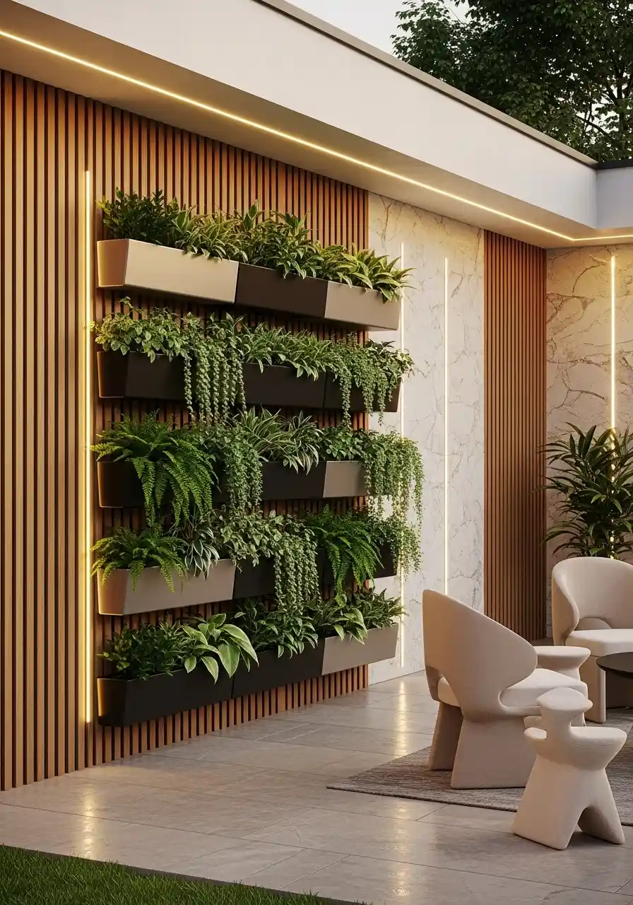 Modern vertical garden wall decor with lush green plants in sleek planters, featuring vertical wood slats and warm LED accent lighting in a luxury backyard patio.
