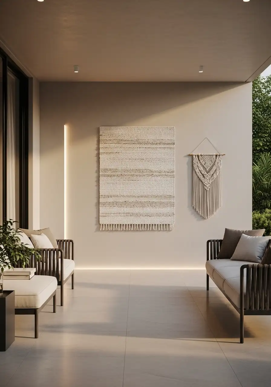 Large bohemian-style woven wall hanging and a macramé tapestry on a minimalist patio wall, featuring vertical recessed LED lighting and modern outdoor lounge seating.
