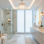 glam bathroom decor ideas for a luxurious look featuring marble walls, gold fixtures, and a crystal chandelier
