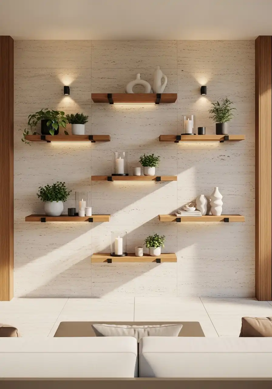 Symmetrical wall-mounted wooden floating shelves on a light stone wall, decorated with small potted plants, white ceramic vases, and candles, featuring integrated under-shelf LED lighting.
