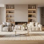 A large living room rug with a subtle striped pattern anchoring a modern seating area How to Choose Rug Size for Living Room. The layout shows all furniture legs resting on the rug, featuring a cream sectional, two boucle swivel chairs, and a marble coffee table in front of a minimalist fireplace.