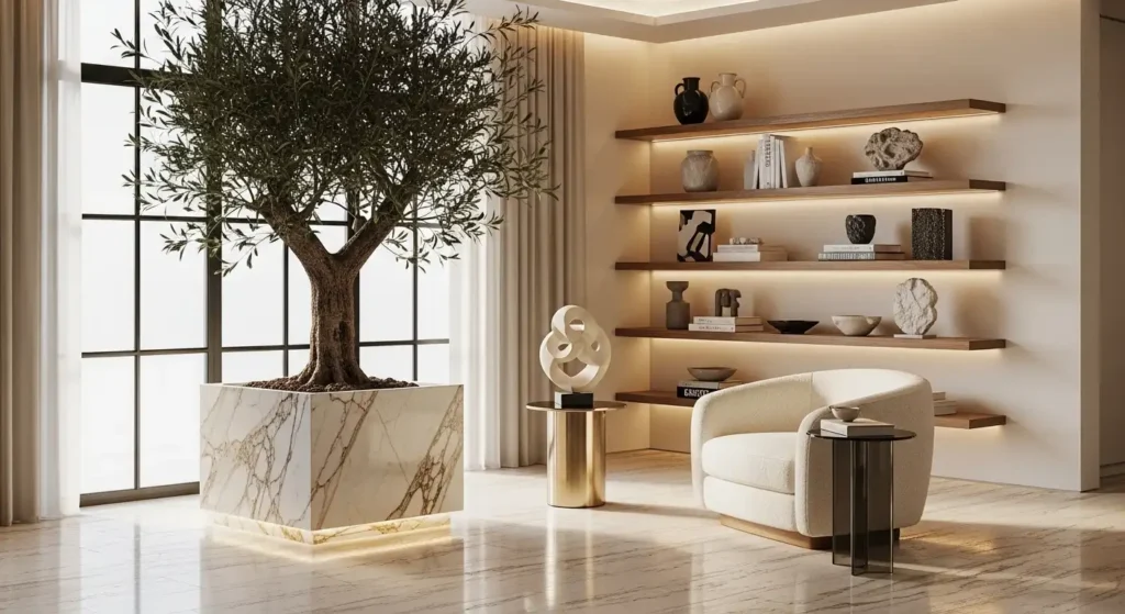 Modern living room corner decor featuring an olive tree and floating shelves