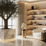 Modern living room corner decor featuring an olive tree and floating shelves