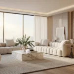 A luxury modern interior showcasing how to position a rug in a living room using the 'all legs on rug' layout. This living room rug placement features two sofas and accent chairs fully grounded on a large neutral-textured rug for a balanced and designer-inspired look.
