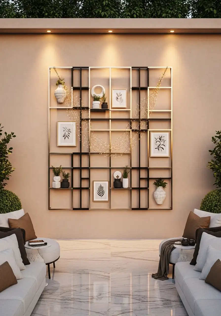 Modern geometric metal wall grid in black and gold, decorated with botanical art frames, small potted plants, and draped fairy lights on a beige outdoor patio wall.
