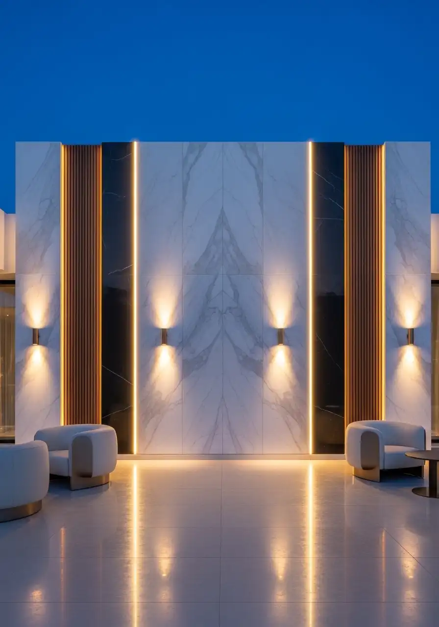 Luxury outdoor wall lighting featuring symmetrical warm LED wall sconces and vertical light strips on a marble-textured feature wall with wooden slat accents.
