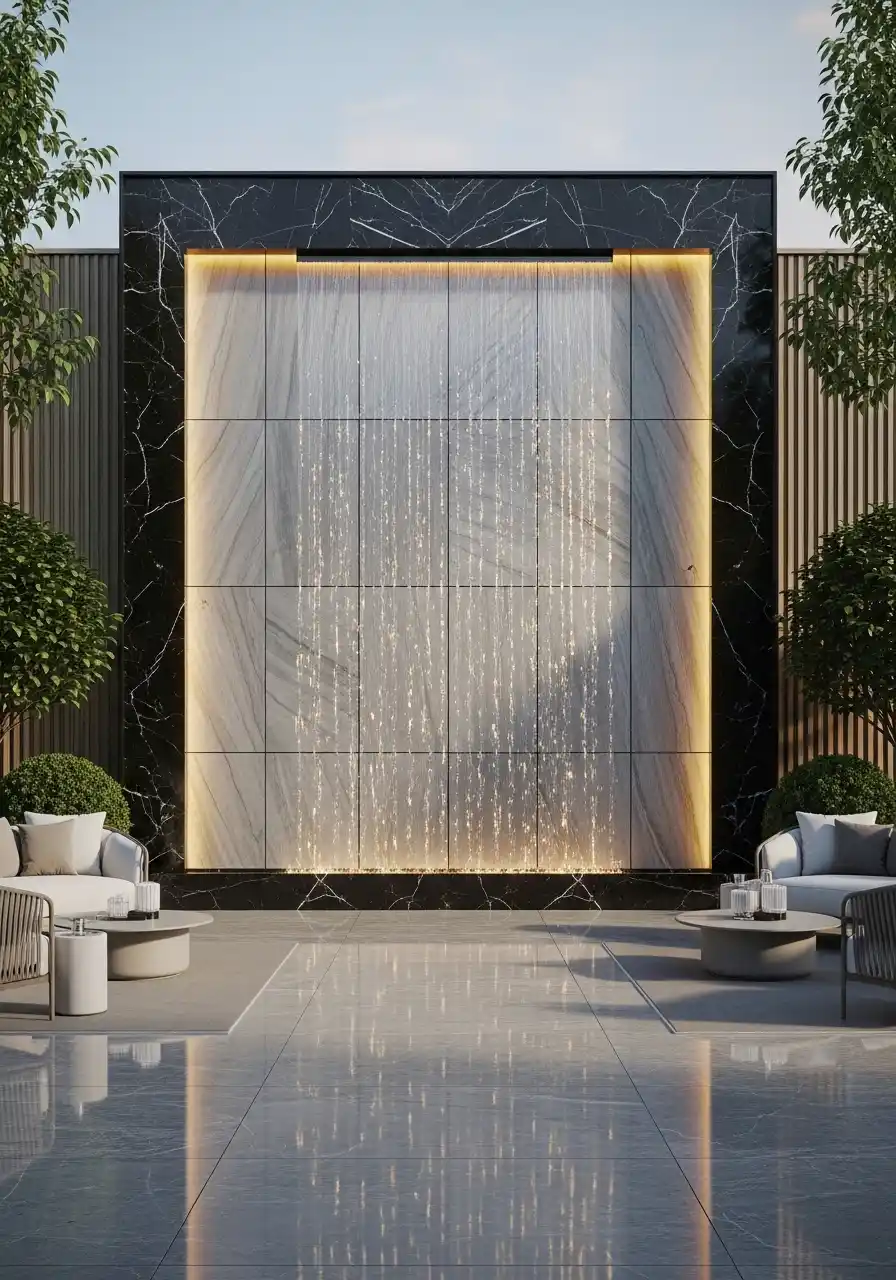 Luxury wall-mounted water feature with a rain-curtain effect falling against a marble-tiled wall, framed by black marble panels and integrated warm LED lighting in a modern courtyard.
