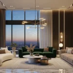 Luxurious curved white sofa and green velvet sofa design for living room with high-end modern lighting and marble flooring.