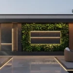 Modern Outdoor Wall Decor Ideas featuring a luxury vertical garden with integrated LED lighting, marble-textured panels, and a sleek wood slat feature wall in a contemporary backyard patio.