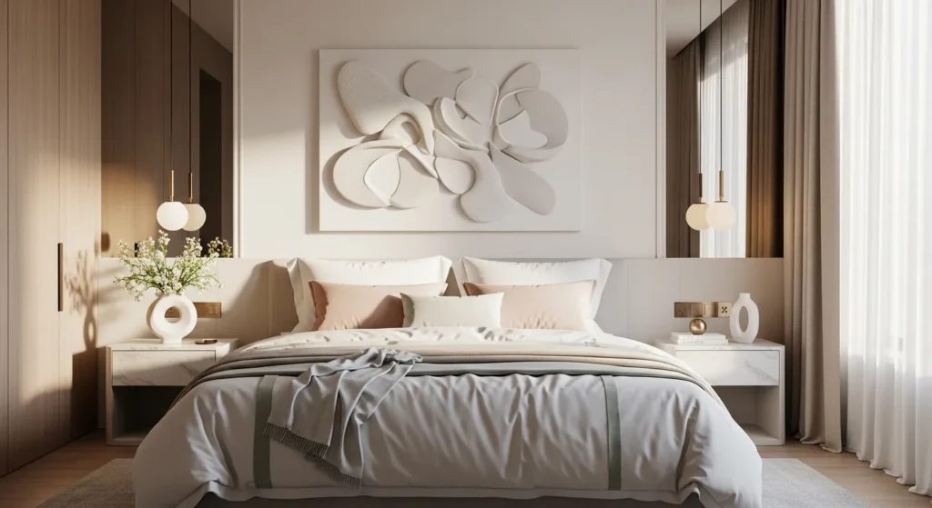 Modern Spring Bedroom Decor Ideas featuring minimalist bedding, 3D abstract wall art, and marble nightstands with spherical pendant lighting. Natural sunlight filters through sheer curtains, highlighting a neutral color palette and fresh floral accents