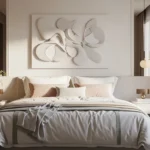 Modern Spring Bedroom Decor Ideas featuring minimalist bedding, 3D abstract wall art, and marble nightstands with spherical pendant lighting. Natural sunlight filters through sheer curtains, highlighting a neutral color palette and fresh floral accents
