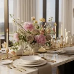 Elegant Spring Tablescape Ideas on a white marble table featuring a large centerpiece of pink peonies and roses. The setting includes white dinnerware, gold flatware, tall white taper candles in gold holders, and delicate glassware, all bathed in soft natural light