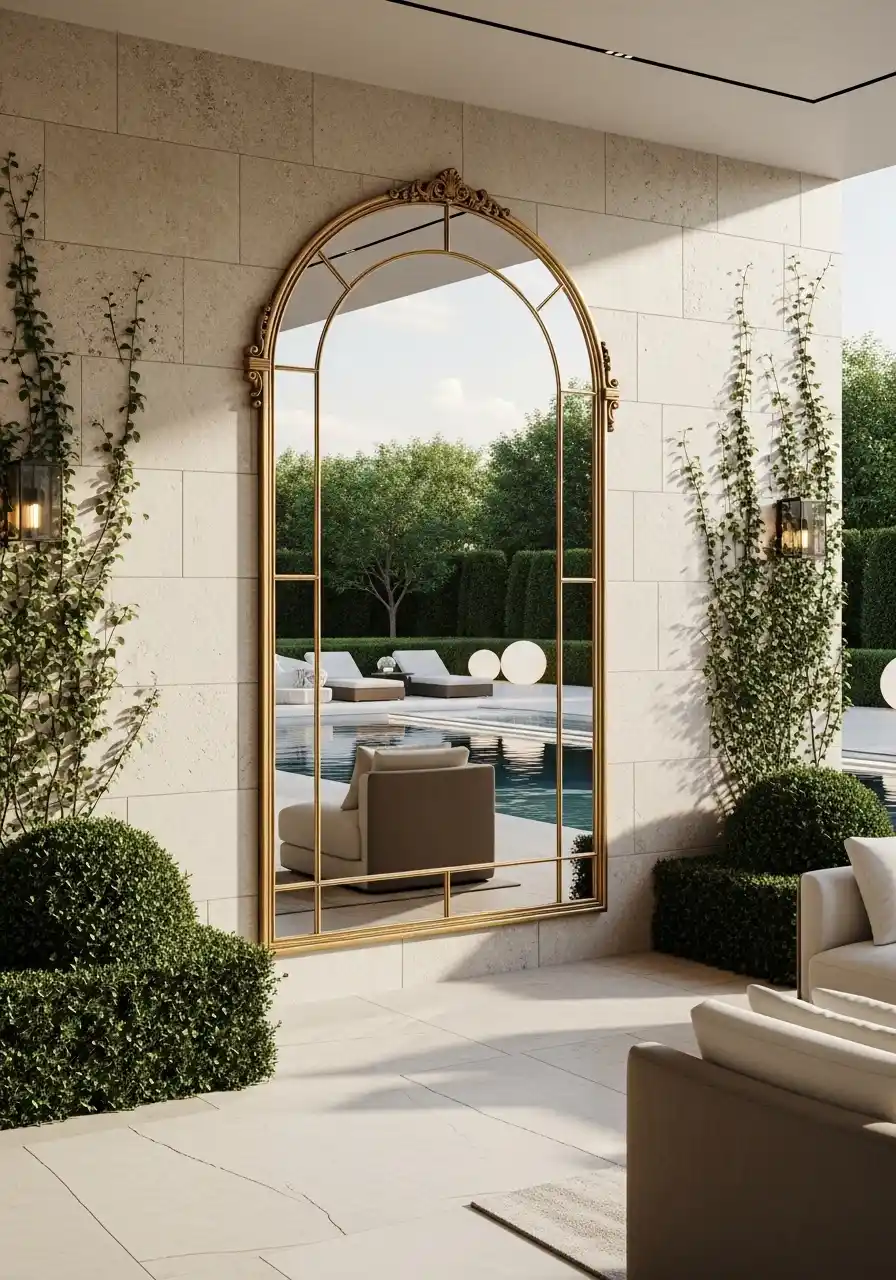 Large gold-framed arched outdoor mirror reflecting a luxury swimming pool and garden, mounted on a stone wall with climbing plants and lantern-style lighting.
