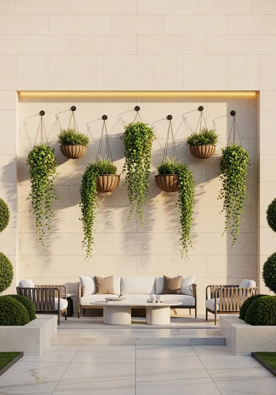 Symmetrical outdoor wall decor with multiple hanging baskets filled with trailing ivy and green plants, mounted on a light stone feature wall above a luxury patio seating area.
