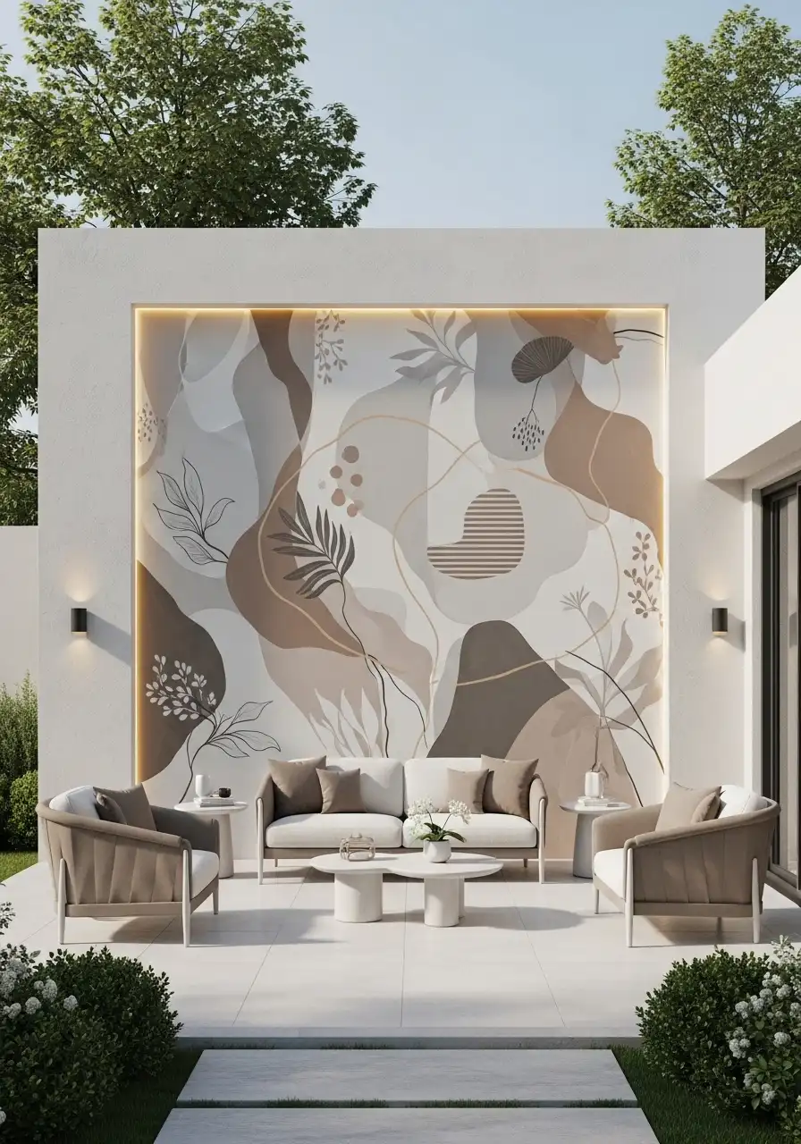 Large abstract botanical wall mural in earthy tones as a stunning focal point for a modern backyard patio, featuring a recessed LED border and minimalist outdoor furniture.
