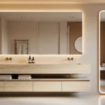 Elegant modern bathroom vanity ideas: a floating stone unit with spacious vanity drawers for organization.