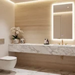 Compact bathroom half bath layout with an LED mirror and sleek fixtures.