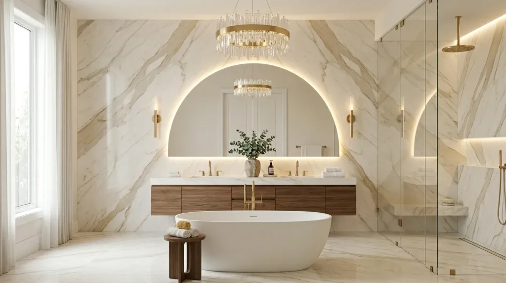 Luxury master bathroom with gold marble statement wall, floating walnut vanity, backlit arched mirror, and freestanding tub.