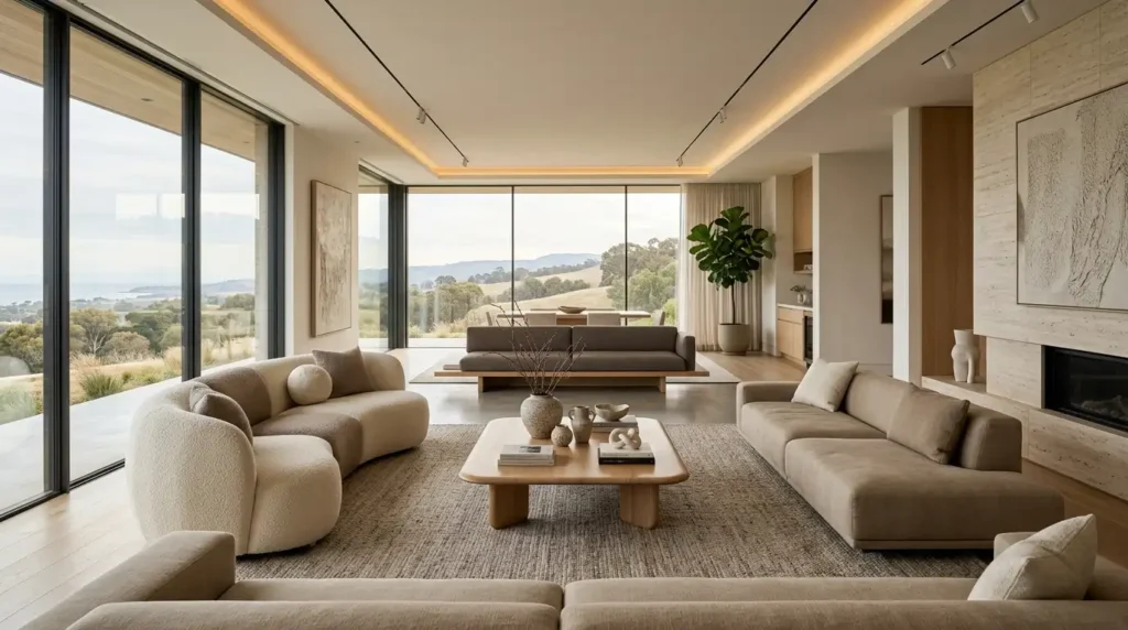 Elegant curved and modular modern living room sofa ideas in a luxury, open-concept interior with scenic nature views.