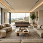 Elegant curved and modular modern living room sofa ideas in a luxury, open-concept interior with scenic nature views.