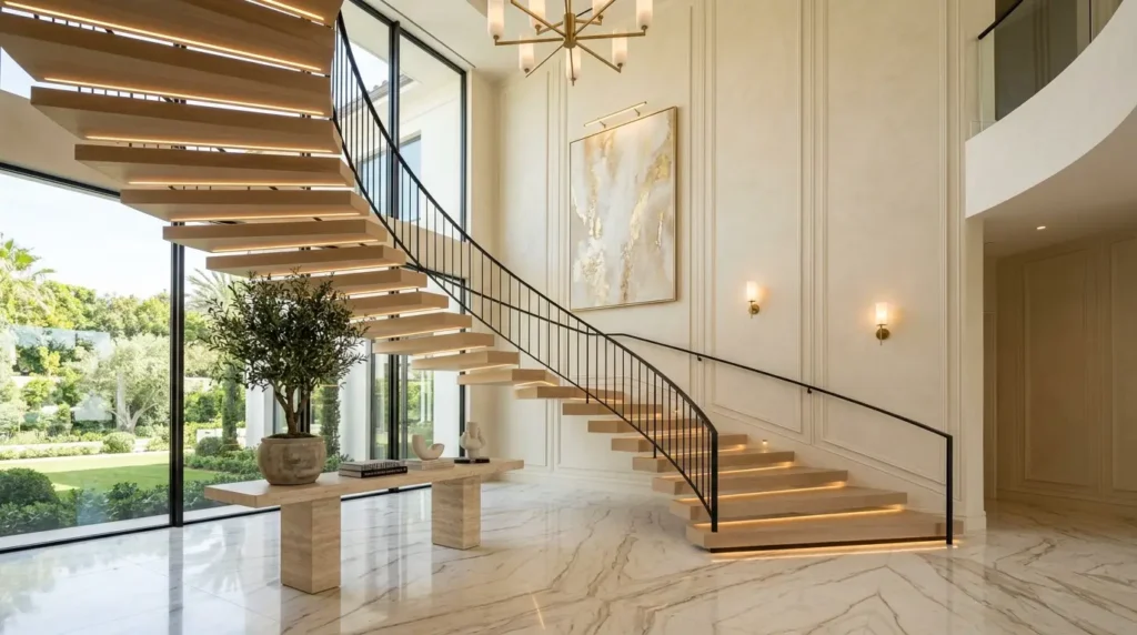 Modern luxury staircase with warm under-step lighting, elegant wall molding, abstract art, and indoor greenery decor.