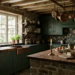 Moody dark cottagecore kitchen ideas with forest green cabinets, floral wallpaper, rustic wood ceiling beams, and hanging copper pots.