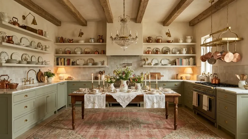 Grandmacore kitchen decor ideas with sage green cabinets, vintage china on open shelves, a rustic dining table, and a vintage rug.