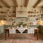 Grandmacore kitchen decor ideas with sage green cabinets, vintage china on open shelves, a rustic dining table, and a vintage rug.