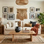 What Is Afrohemian Decor living room interior design featuring a neutral sofa, gallery wall art, and woven textures